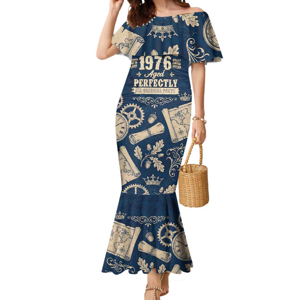 Legend 1976 Vintage Gears and Scrolls Design Mermaid Dress with Crown Motif in Classic Blue and Beige Retro