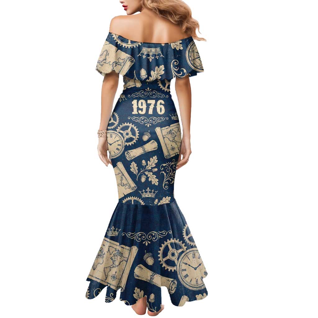 Legend 1976 Vintage Gears and Scrolls Design Mermaid Dress with Crown Motif in Classic Blue and Beige Retro