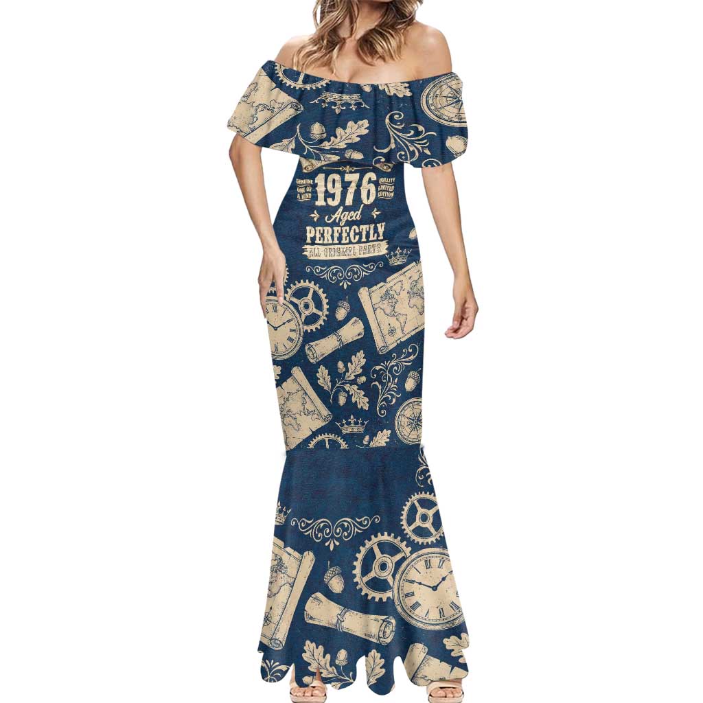 Legend 1976 Vintage Gears and Scrolls Design Mermaid Dress with Crown Motif in Classic Blue and Beige Retro