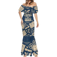 Legend 1976 Vintage Gears and Scrolls Design Mermaid Dress with Crown Motif in Classic Blue and Beige Retro