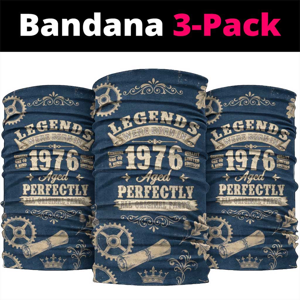 Legend 1976 Vintage Gears and Scrolls Design Neck Gaiter with Crown Motif in Classic Blue and Beige Retro