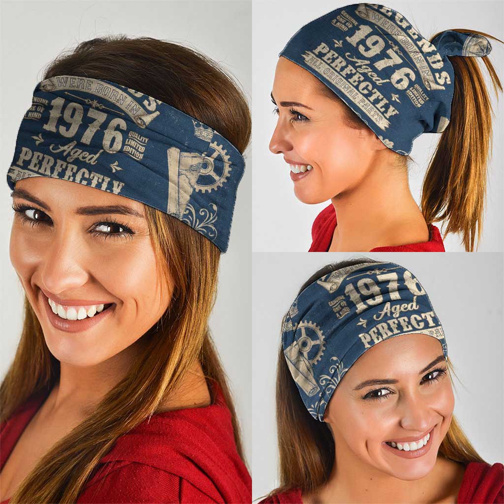Legend 1976 Vintage Gears and Scrolls Design Neck Gaiter with Crown Motif in Classic Blue and Beige Retro