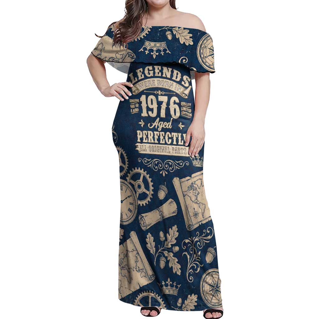 Legend 1976 Vintage Gears and Scrolls Design Off Shoulder Maxi Dress with Crown Motif in Classic Blue and Beige Retro