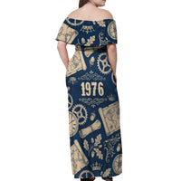 Legend 1976 Vintage Gears and Scrolls Design Off Shoulder Maxi Dress with Crown Motif in Classic Blue and Beige Retro