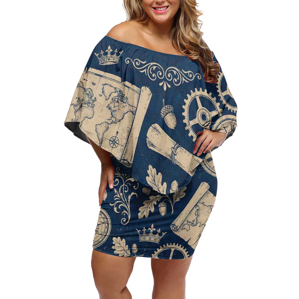 Legend 1976 Vintage Gears and Scrolls Design Off Shoulder Short Dress with Crown Motif in Classic Blue and Beige Retro
