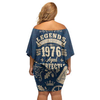 Legend 1976 Vintage Gears and Scrolls Design Off Shoulder Short Dress with Crown Motif in Classic Blue and Beige Retro