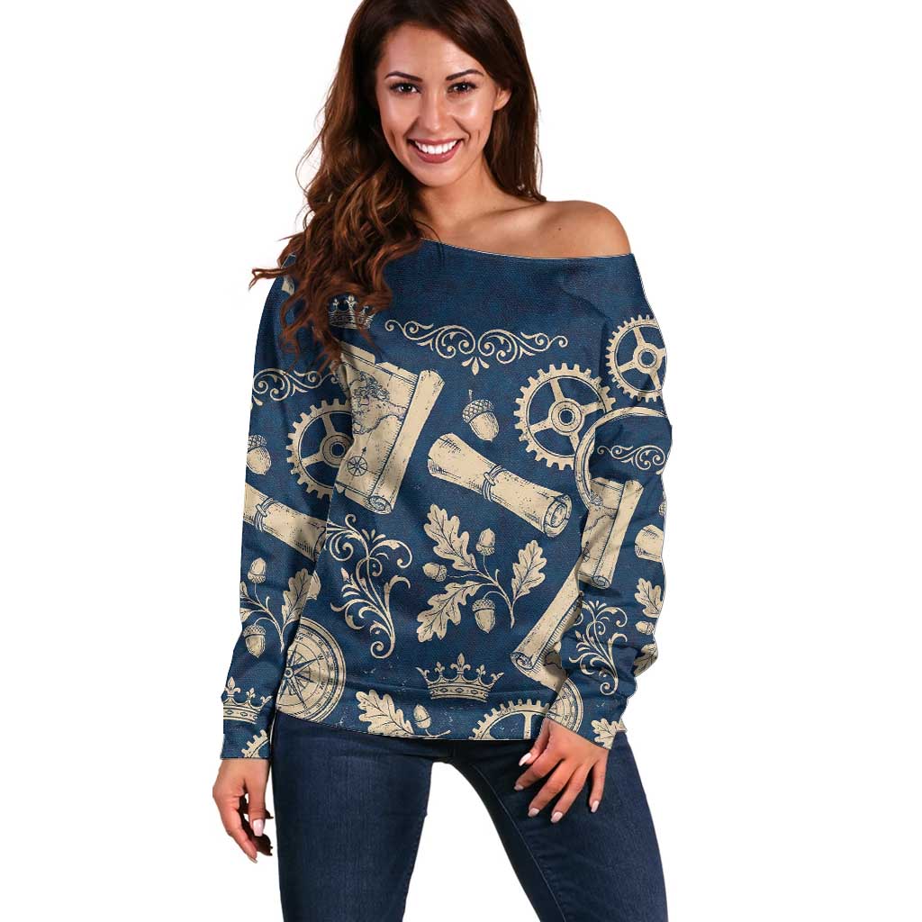 Legend 1976 Vintage Gears and Scrolls Design Off Shoulder Sweater with Crown Motif in Classic Blue and Beige Retro