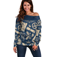 Legend 1976 Vintage Gears and Scrolls Design Off Shoulder Sweater with Crown Motif in Classic Blue and Beige Retro