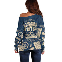 Legend 1976 Vintage Gears and Scrolls Design Off Shoulder Sweater with Crown Motif in Classic Blue and Beige Retro