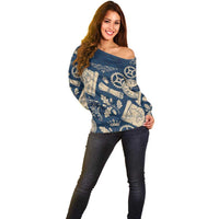 Legend 1976 Vintage Gears and Scrolls Design Off Shoulder Sweater with Crown Motif in Classic Blue and Beige Retro