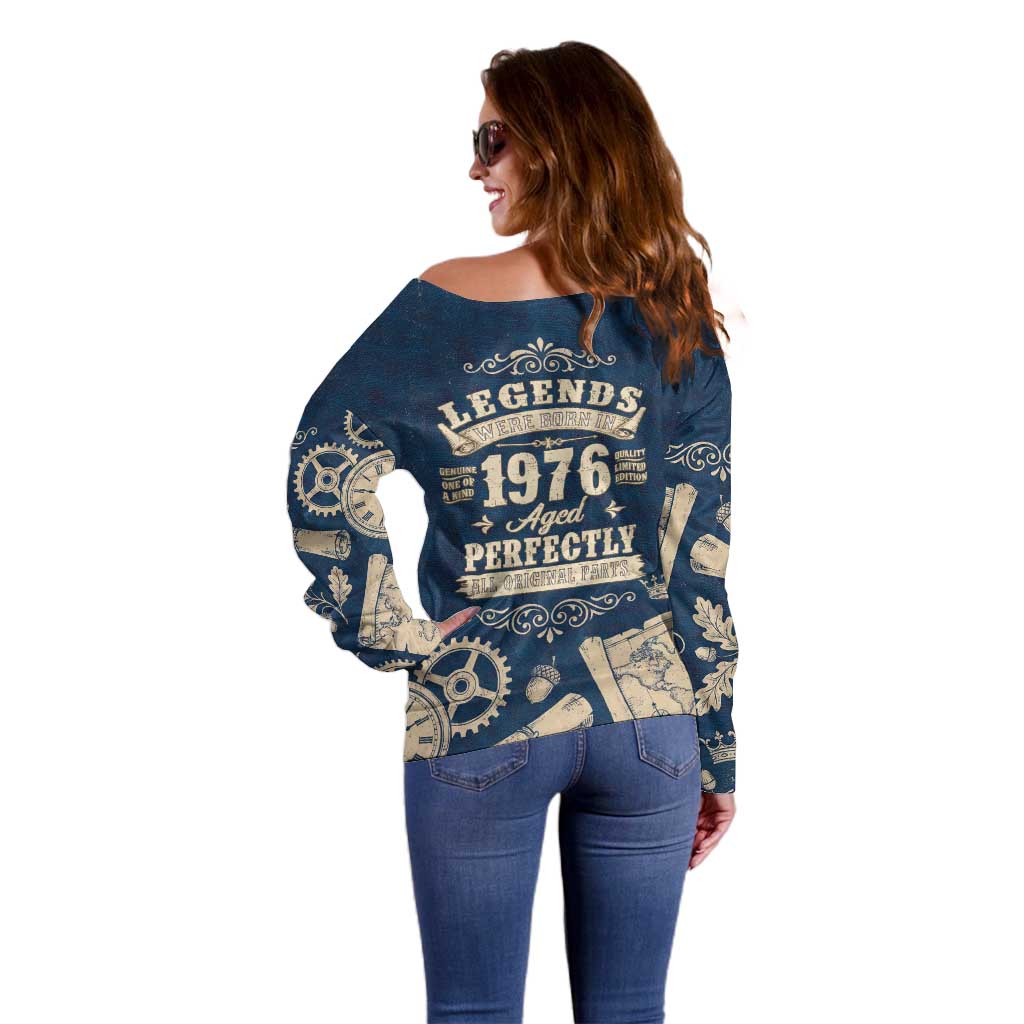 Legend 1976 Vintage Gears and Scrolls Design Off Shoulder Sweater with Crown Motif in Classic Blue and Beige Retro