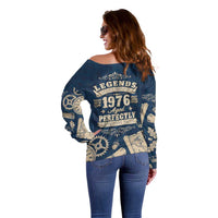 Legend 1976 Vintage Gears and Scrolls Design Off Shoulder Sweater with Crown Motif in Classic Blue and Beige Retro