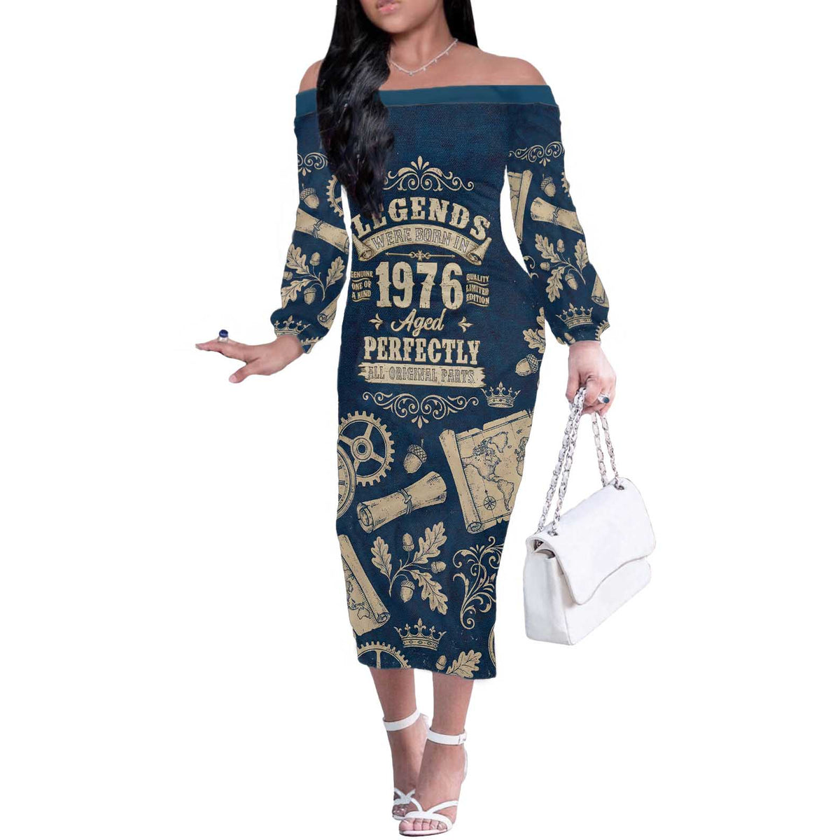 Legend 1976 Vintage Gears and Scrolls Design Off The Shoulder Long Sleeve Dress with Crown Motif in Classic Blue and Beige Retro