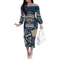 Legend 1976 Vintage Gears and Scrolls Design Off The Shoulder Long Sleeve Dress with Crown Motif in Classic Blue and Beige Retro