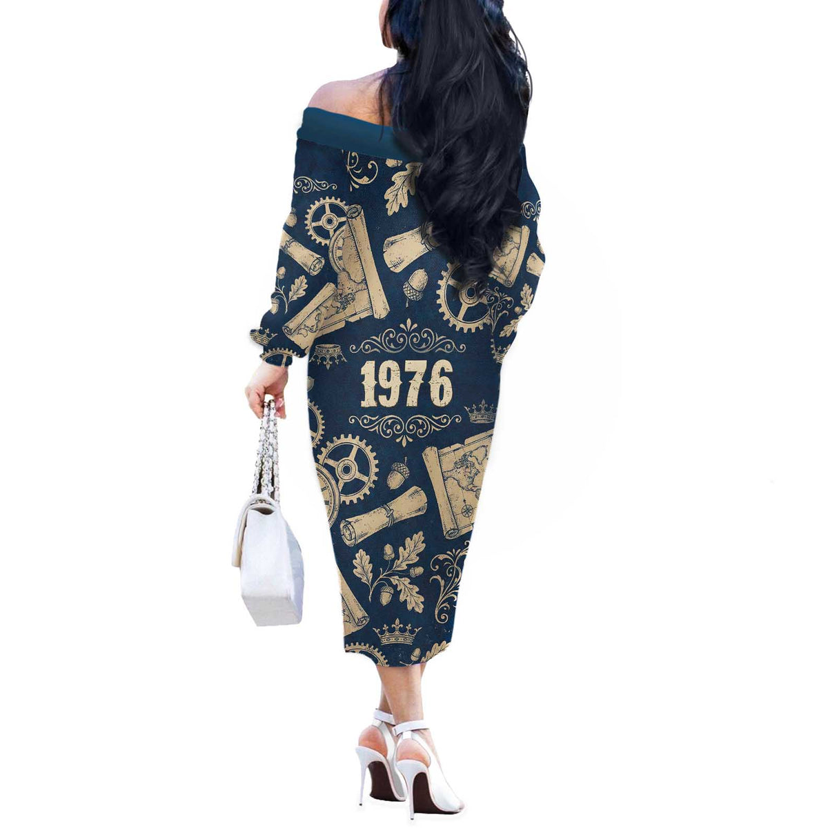 Legend 1976 Vintage Gears and Scrolls Design Off The Shoulder Long Sleeve Dress with Crown Motif in Classic Blue and Beige Retro