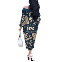 Legend 1976 Vintage Gears and Scrolls Design Off The Shoulder Long Sleeve Dress with Crown Motif in Classic Blue and Beige Retro