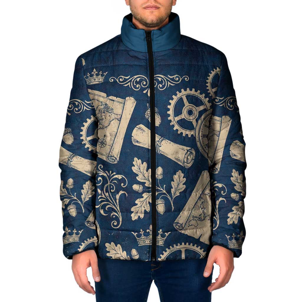 Legend 1976 Vintage Gears and Scrolls Design Padded Jacket with Crown Motif in Classic Blue and Beige Retro