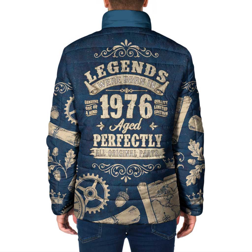 Legend 1976 Vintage Gears and Scrolls Design Padded Jacket with Crown Motif in Classic Blue and Beige Retro