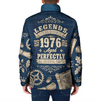 Legend 1976 Vintage Gears and Scrolls Design Padded Jacket with Crown Motif in Classic Blue and Beige Retro