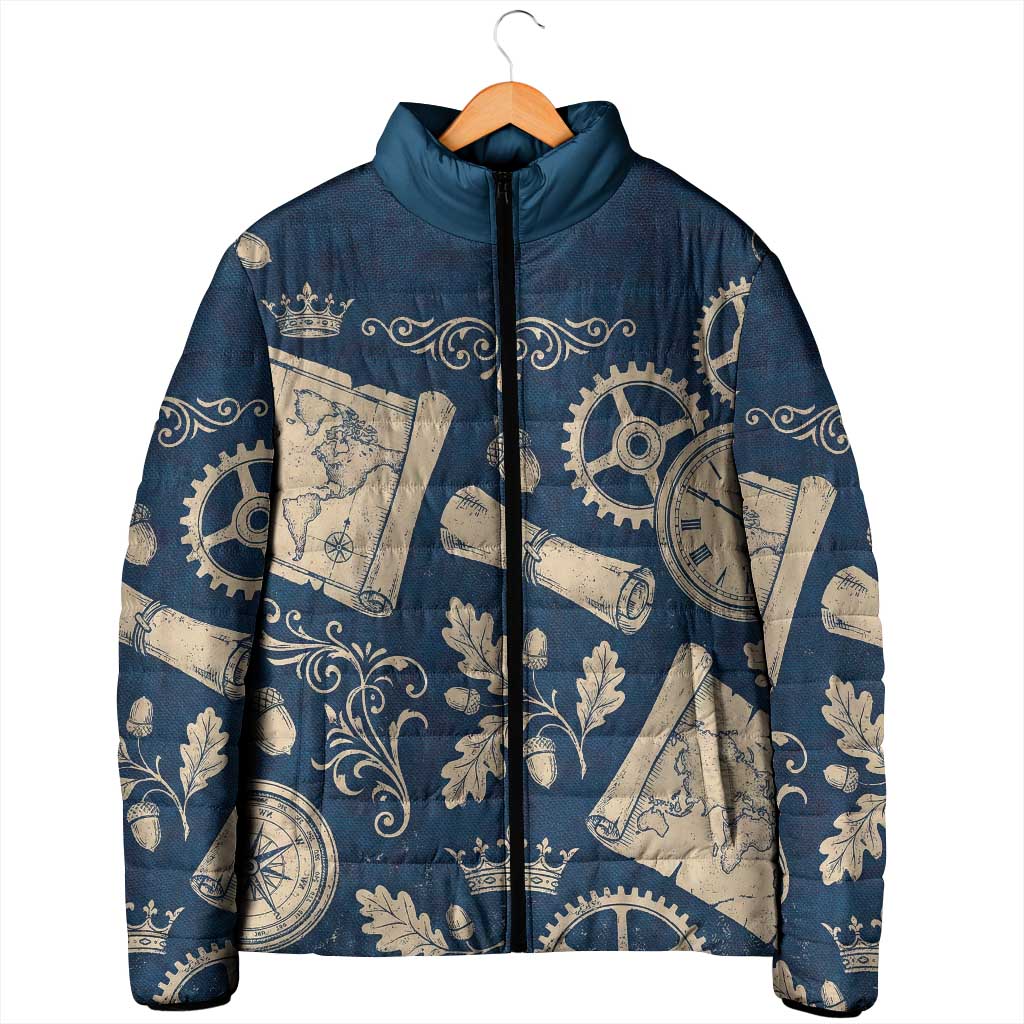Legend 1976 Vintage Gears and Scrolls Design Padded Jacket with Crown Motif in Classic Blue and Beige Retro