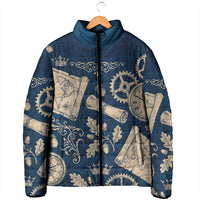 Legend 1976 Vintage Gears and Scrolls Design Padded Jacket with Crown Motif in Classic Blue and Beige Retro