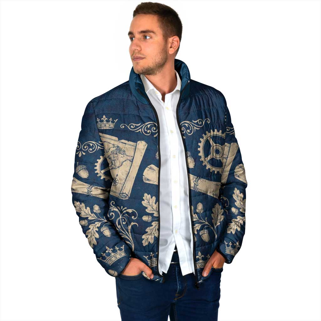 Legend 1976 Vintage Gears and Scrolls Design Padded Jacket with Crown Motif in Classic Blue and Beige Retro