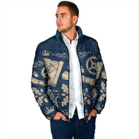 Legend 1976 Vintage Gears and Scrolls Design Padded Jacket with Crown Motif in Classic Blue and Beige Retro