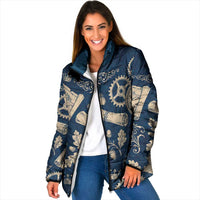 Legend 1976 Vintage Gears and Scrolls Design Padded Jacket with Crown Motif in Classic Blue and Beige Retro