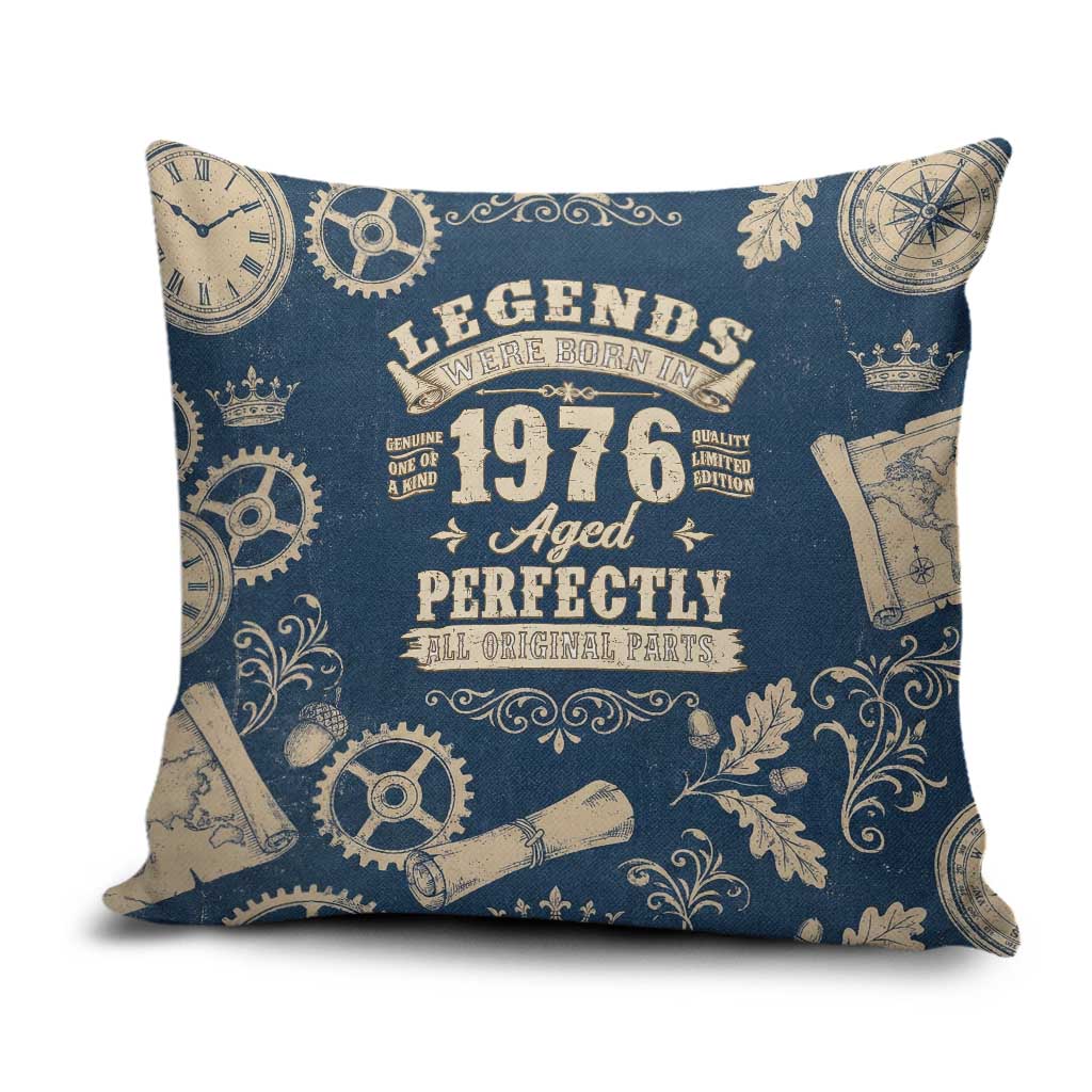 Legend 1976 Vintage Gears and Scrolls Design Pillow Cover with Crown Motif in Classic Blue and Beige Retro