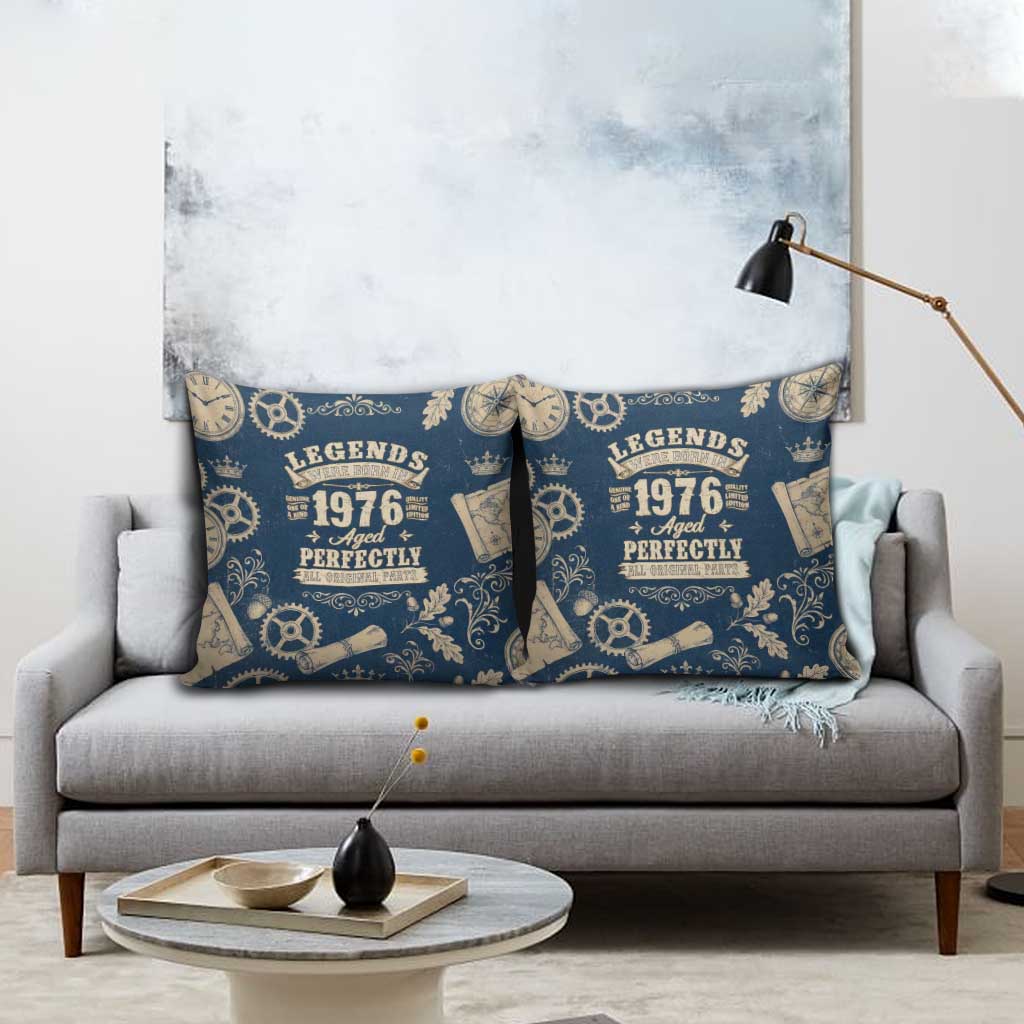 Legend 1976 Vintage Gears and Scrolls Design Pillow Cover with Crown Motif in Classic Blue and Beige Retro