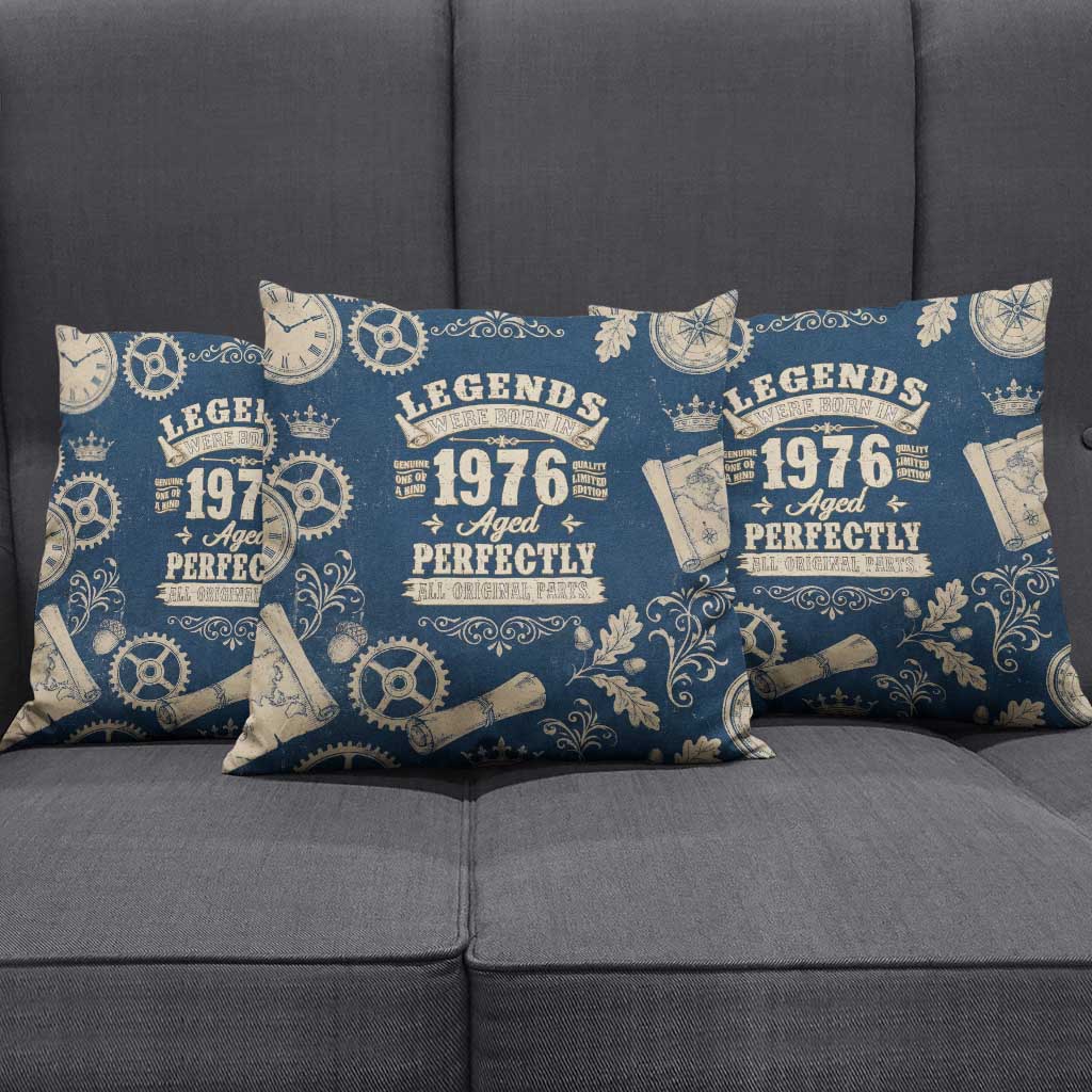 Legend 1976 Vintage Gears and Scrolls Design Pillow Cover with Crown Motif in Classic Blue and Beige Retro