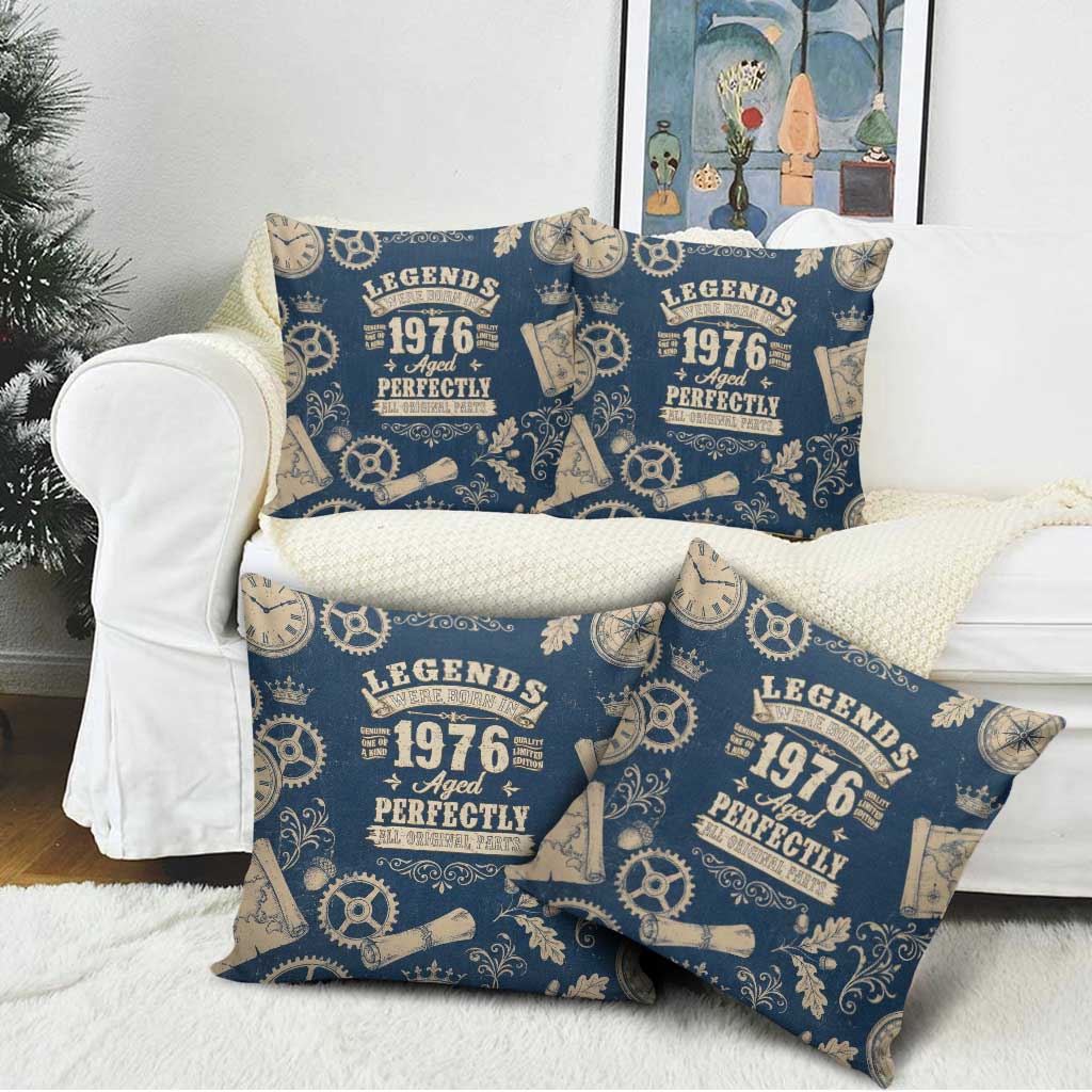 Legend 1976 Vintage Gears and Scrolls Design Pillow Cover with Crown Motif in Classic Blue and Beige Retro