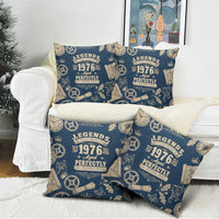 Legend 1976 Vintage Gears and Scrolls Design Pillow Cover with Crown Motif in Classic Blue and Beige Retro