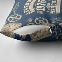 Legend 1976 Vintage Gears and Scrolls Design Pillow Cover with Crown Motif in Classic Blue and Beige Retro