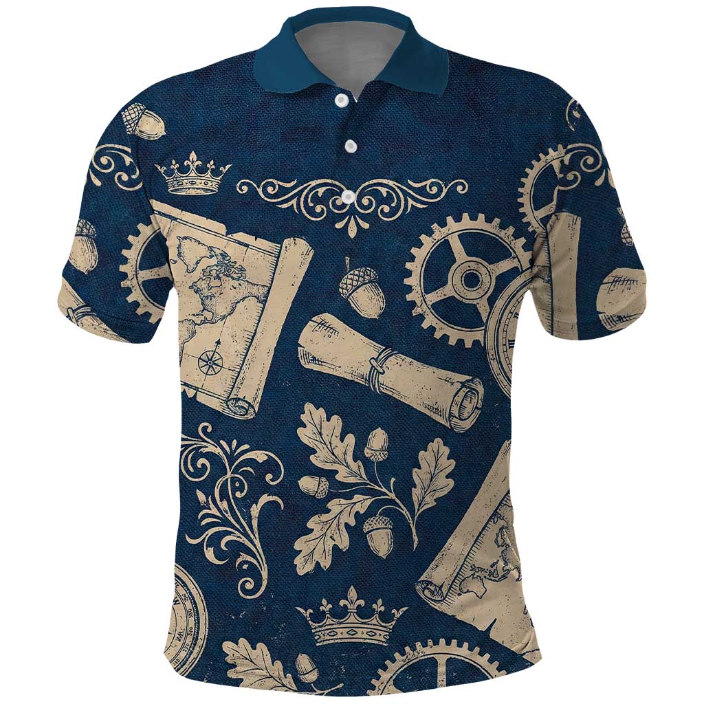 Legend 1976 Vintage Gears and Scrolls Design Polo Shirt with Crown Motif in Classic Blue and Beige Retro