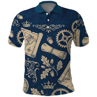 Legend 1976 Vintage Gears and Scrolls Design Polo Shirt with Crown Motif in Classic Blue and Beige Retro