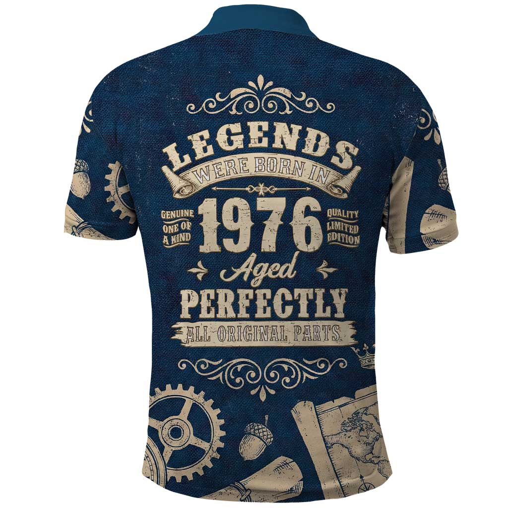Legend 1976 Vintage Gears and Scrolls Design Polo Shirt with Crown Motif in Classic Blue and Beige Retro