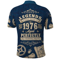 Legend 1976 Vintage Gears and Scrolls Design Polo Shirt with Crown Motif in Classic Blue and Beige Retro