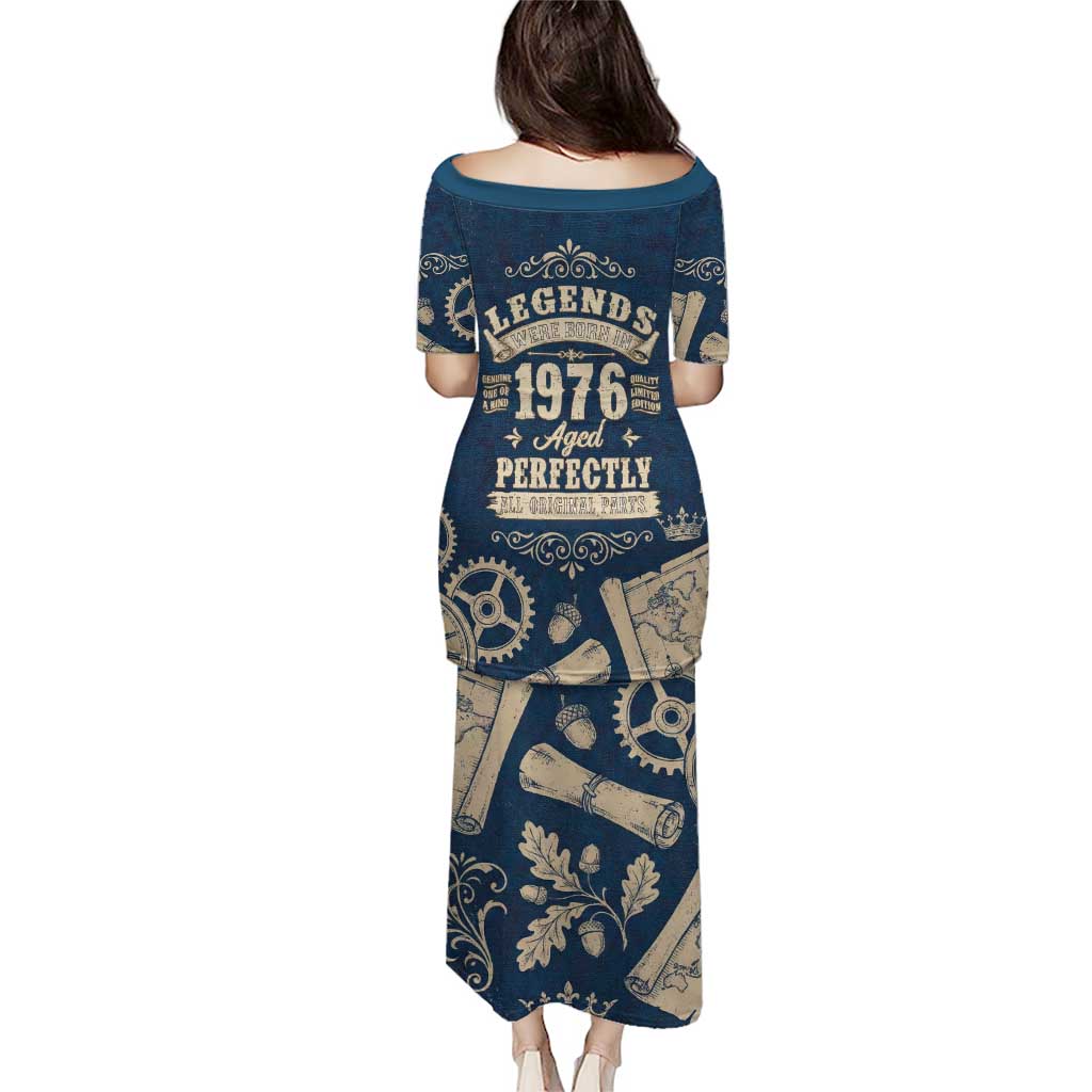 Legend 1976 Vintage Gears and Scrolls Design Puletasi with Crown Motif in Classic Blue and Beige Retro