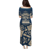 Legend 1976 Vintage Gears and Scrolls Design Puletasi with Crown Motif in Classic Blue and Beige Retro