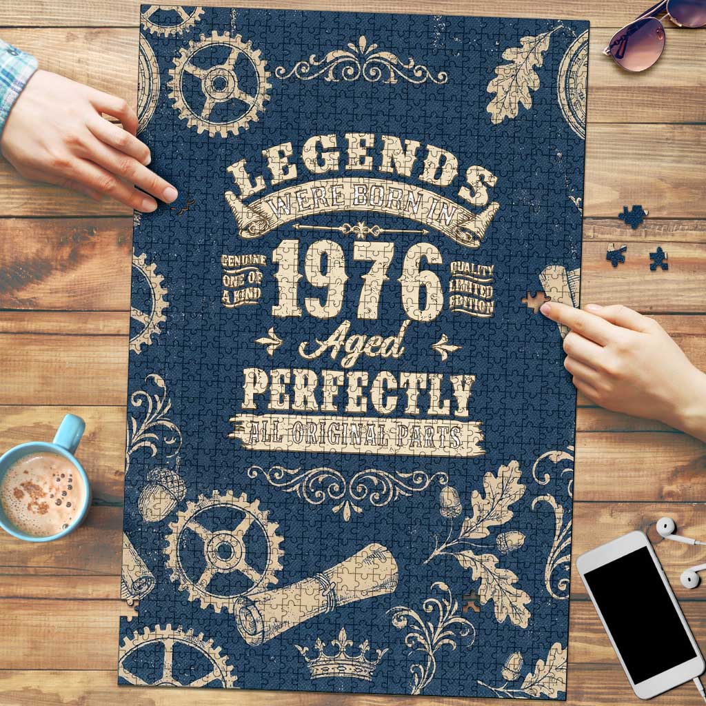 Legend 1976 Vintage Gears and Scrolls Design Puzzle with Crown Motif in Classic Blue and Beige Retro