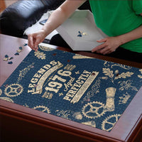 Legend 1976 Vintage Gears and Scrolls Design Puzzle with Crown Motif in Classic Blue and Beige Retro