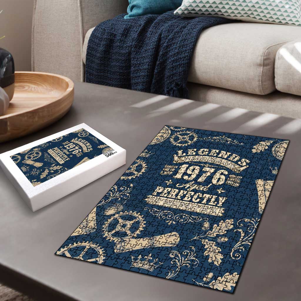 Legend 1976 Vintage Gears and Scrolls Design Puzzle with Crown Motif in Classic Blue and Beige Retro