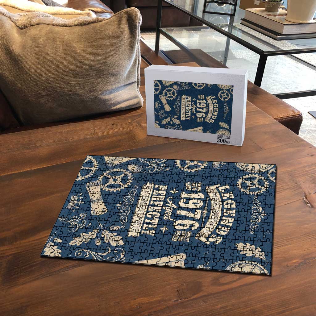 Legend 1976 Vintage Gears and Scrolls Design Puzzle with Crown Motif in Classic Blue and Beige Retro
