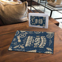 Legend 1976 Vintage Gears and Scrolls Design Puzzle with Crown Motif in Classic Blue and Beige Retro