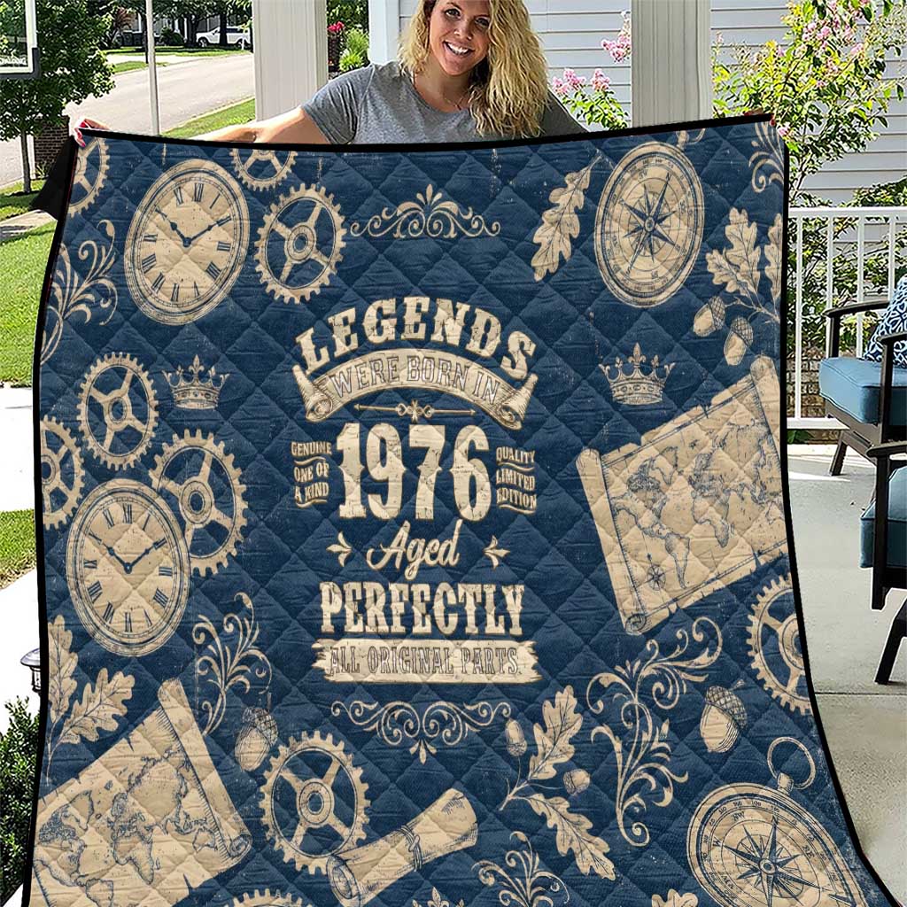 Legend 1976 Vintage Gears and Scrolls Design Quilt with Crown Motif in Classic Blue and Beige Retro