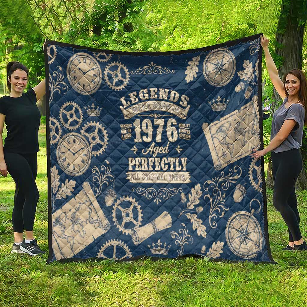 Legend 1976 Vintage Gears and Scrolls Design Quilt with Crown Motif in Classic Blue and Beige Retro