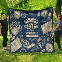 Legend 1976 Vintage Gears and Scrolls Design Quilt with Crown Motif in Classic Blue and Beige Retro
