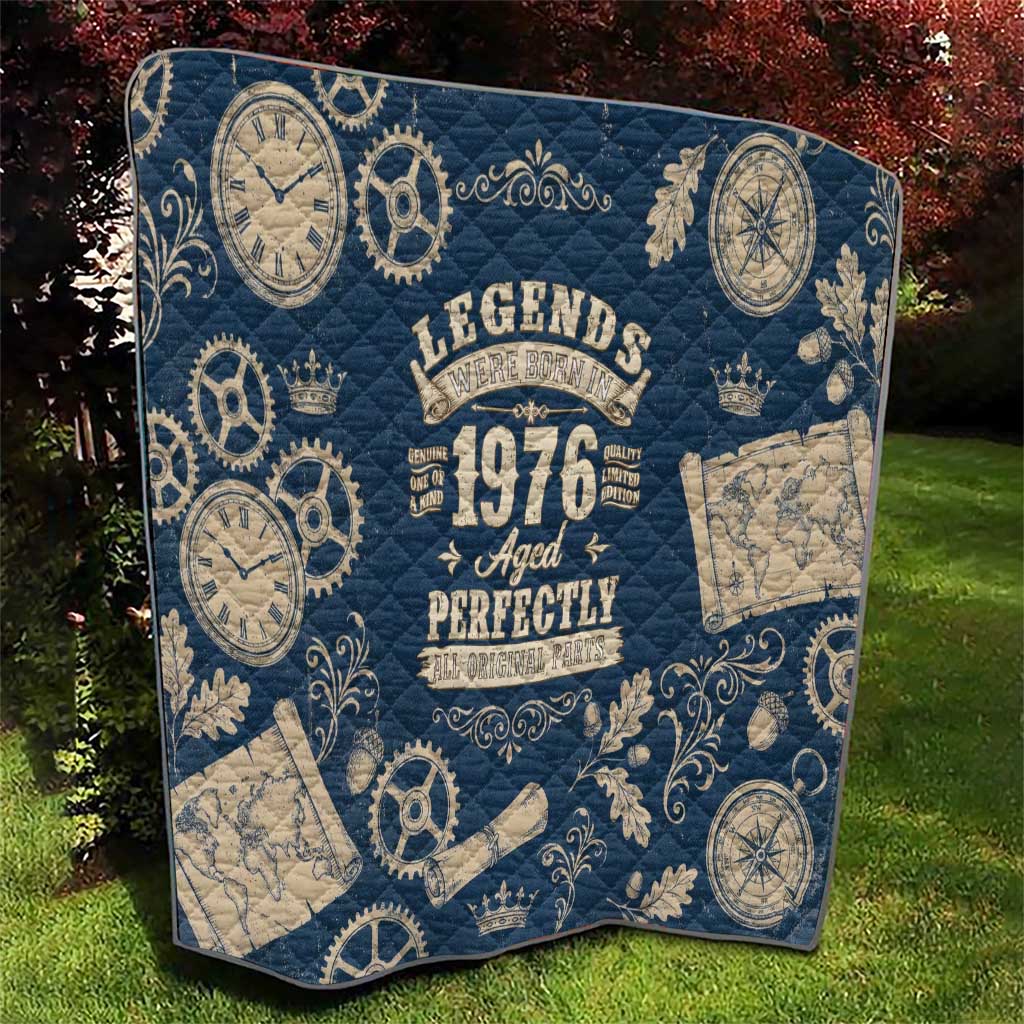 Legend 1976 Vintage Gears and Scrolls Design Quilt with Crown Motif in Classic Blue and Beige Retro