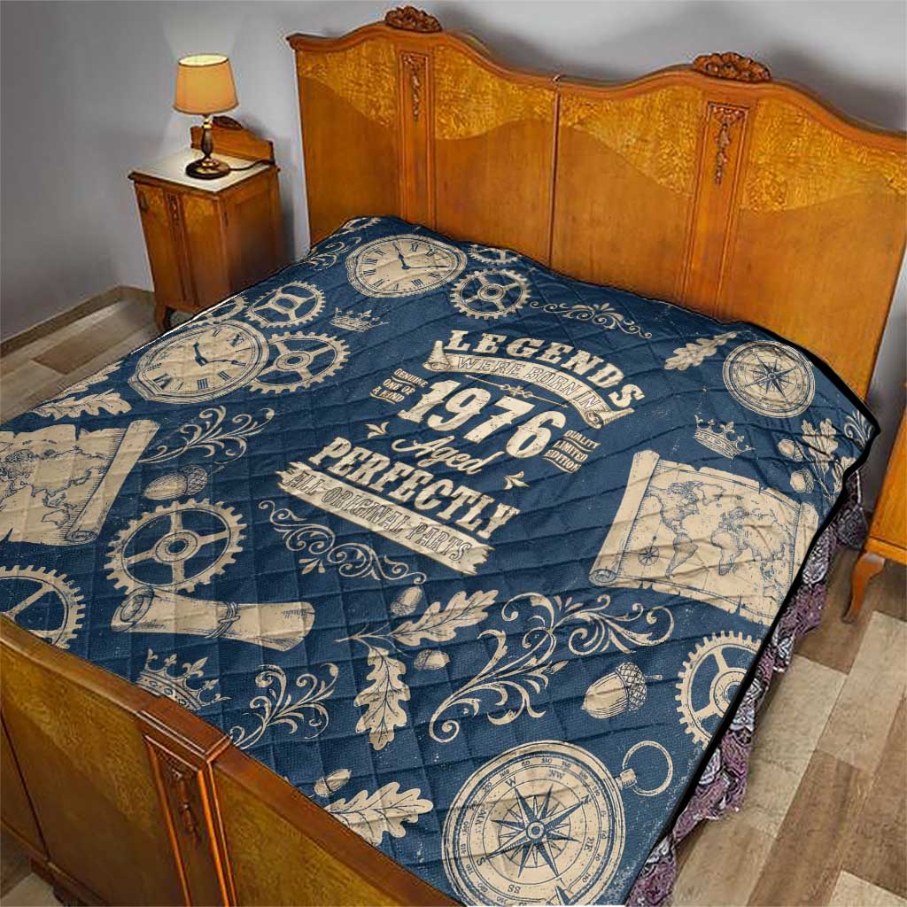 Legend 1976 Vintage Gears and Scrolls Design Quilt with Crown Motif in Classic Blue and Beige Retro